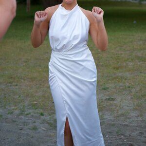 Milla White Mock Neck Sleeveless Low Slit Dress